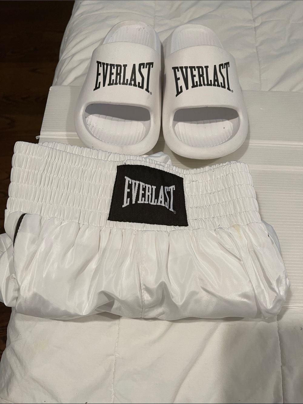 Everlast White Slides and White Boxing Shorts Set with Black Logos 2 pice set